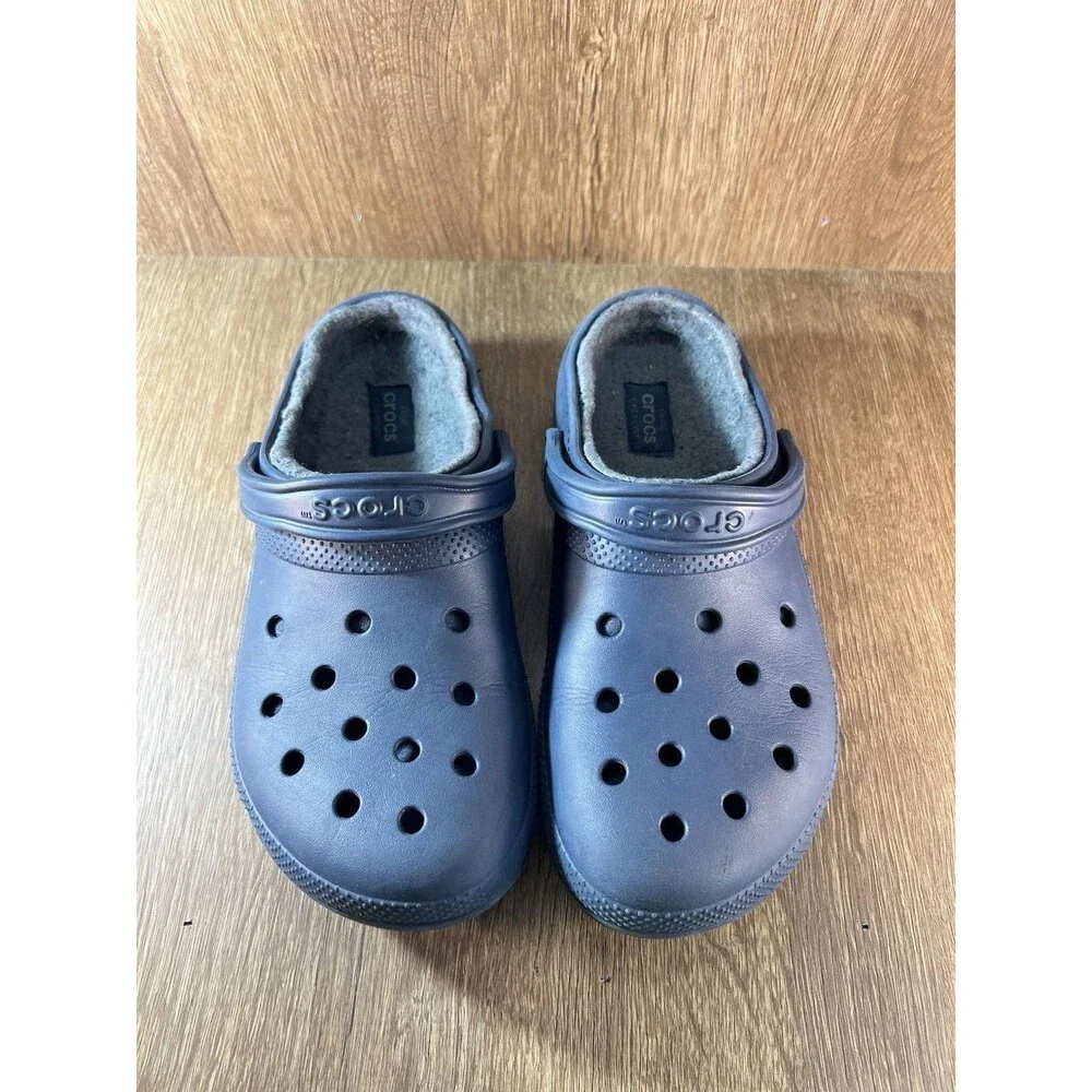 Crocs Dual Comfort Navy Faux Fur Lined Slip On Clogs Sandals Men 10 Woman 12